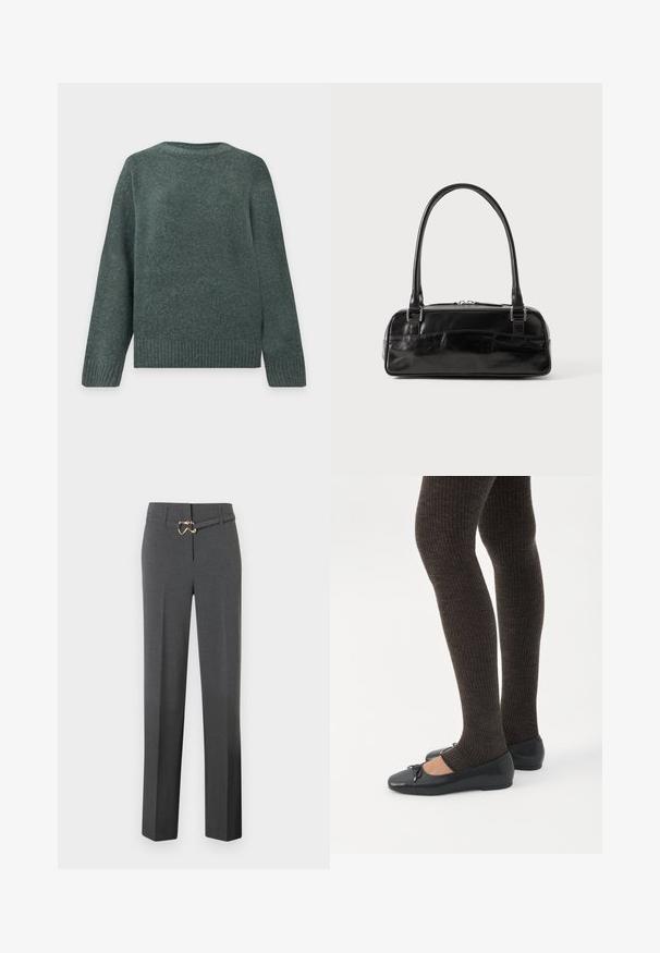 Mørkegrøn langærmet rundhalset sweater med ribkanter ved ærmer og talje, lavet af blødt, tekstureret strikstof.; Mørkegrå skræddersyede kvindebukser med lige ben og et tyndt matchende bælte med en guldfarvet spænde.; Ben iført mørke ribbede leggings kombineret med sorte balletsko med små sløjfedetaljer på hvid baggrund.; Sort læderhåndtaske med rektangulær form, der har et enkelt struktureret håndtag, sølvhardware og lynlås-lukning. Glat tekstur.