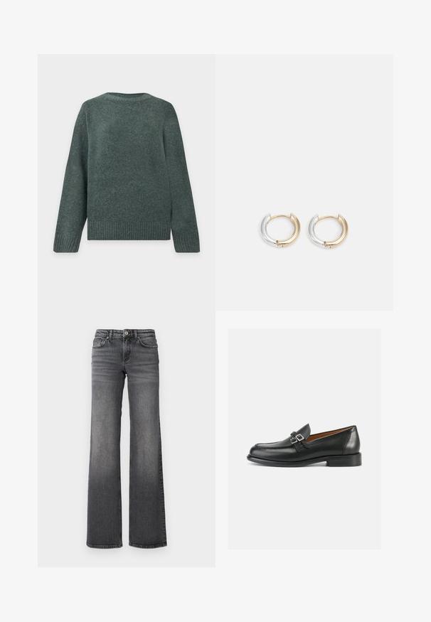 Donkergroene trui met lange mouwen en ronde hals, met geribde manchetten en tailleband, gemaakt van zachte, gestructureerde gebreide stof.; Rechthoekige, donkergrijze denim jeans met lichte vervaging op de bovenbenen en een standaard vijf-pocket ontwerp tegen een witte achtergrond.; Zwarte leren loafers met een gestikt ontwerp, voorzien van een dubbele gespsluiting en een licht verhoogde hak voor extra lengte.; Gouden en zilveren hoepel oorbellen met een gemengde metalen afwerking, featuring een gladde, gebogen vorm en een naadloze sluiting.