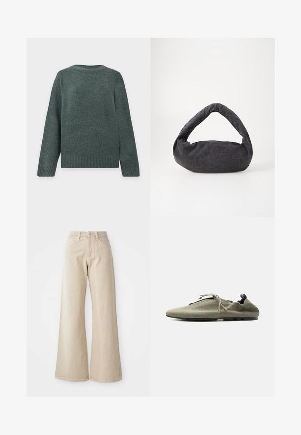 Mørkegrøn langærmet rundhalset sweater med ribkanter ved ærmer og talje, lavet af blødt, tekstureret strikstof.; Beige brede benjeans lavet af denim, med høj talje, forlommer og et enkelt design uden mønstre eller detaljer.; Lys olivengrøn blød stofsko med tynd sål og snørre, vist i siddeprofil på ensfarvet hvid baggrund.; Mørkegrå stofpose med et buet håndtag, blød tekstur og rund form. Ingen synligt hardware eller pynt.