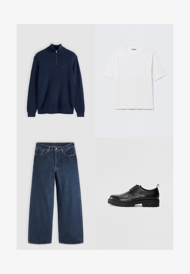 Pull-over bleu marine avec col montant et fermeture éclair sur la moitié. Texture côtelée, manches longues, et petit logo sur la poitrine. Matière en tricot doux.; T-shirt blanc uni à manches courtes et col rond, avec une petite étiquette "WEEKDAY" à l'intérieur du col arrière, présenté à plat.; Jean en denim bleu foncé à jambes larges avec poches avant, fermeture à boutons et passants de ceinture, posé à plat sur un fond clair.; Chaussure en cuir noir à bout arrondi, présentant un design à lacets, une semelle en caoutchouc noire robuste et un petit onglet de talon à l'arrière.