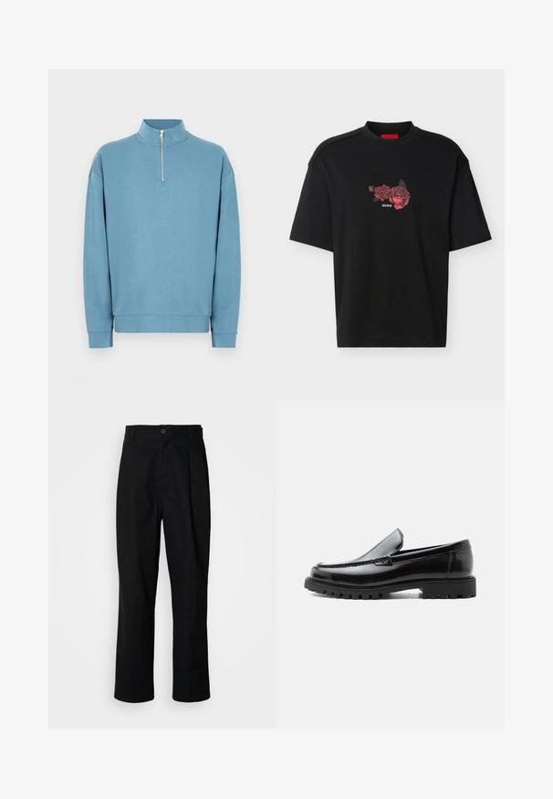 Sweat-shirt bleu clair avec col à demi-fermeture éclair, manches longues et poignets côtelés. Doté d'un logo subtil sur la poitrine. Texture lisse.; T-shirt noir à manches courtes avec un petit motif de rose rouge et le texte "HUGO" imprimé au centre de la poitrine.; Pantalons noirs à jambes droites avec une taille à bouton, passants de ceinture et pli avant, présentés sur un fond blanc uni.; Mocassin en cuir noir avec semelle en caoutchouc épaisse, dessus cousu et nom de marque embossé sur le talon, présenté de profil sur fond blanc.