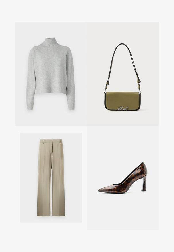 Lys grå turtleneck sweater lavet af blød strikstof, med lange ærmer og ribkant ved nederste kant og ærmerne. Ingen mønstre eller hardware detaljer.; Bredde benbukser i blød beige stof, med en flad front, beltdusk og en glat tekstur. Standard talje med ingen synlige mønstre.; Brun skildpadde-mønstret spids tå højhælet sko med blank finish og mellemhøj buet hæl, set fra siden.; Olivenfarvet skuldertaske med sorte kanter og rem, klaplukning og sølvfarvet "Karl"-signaturdetalje i midten foran.