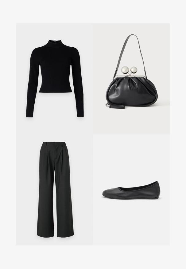 Suéter negro de cuello alto acanalado con mangas largas y silueta ajustada, que presenta una textura suave y un detalle de cremallera en la parte posterior.; Won Hundred CAMILLE TROUSERS - Pantalones - licorice; Bailarina de piel negra con punta redondeada, textura suave, detalle de costura minimalista y diseño de suela flexible.; Bolso de mano de cuero negro con diseño fruncido, una sola correa, marco metálico plateado y dos cierres grandes redondos de plata.