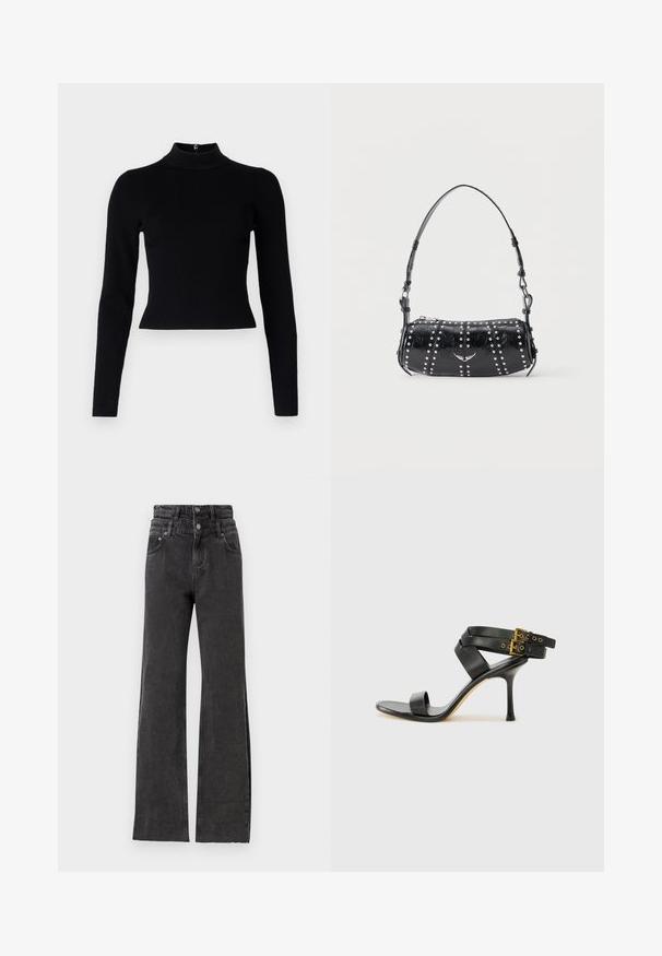 Sort ribbet turtleneck sweater med lange ærmer og en tætsiddende silhuet, der har en glat overflade og en lynlåsdetalje på ryggen.; Sorte højtaljede jeans har en lige ben-design, subtile slidte detaljer og metalknap hardware i taljen.; Sort hæl-sandal med krydsede stropper og justerbar spænde. Har en glat overflade og spids stilettohæl.; Sort skuldertaske i laklæder med sølvnitter i lodrette rækker og et lille sølvfugleemblem midt på fronten.