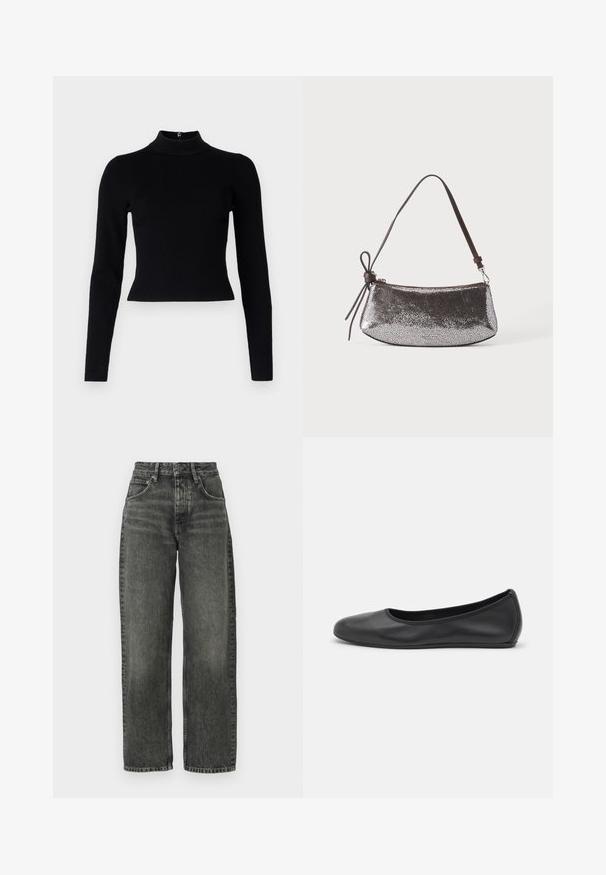 Pull-over noir à col roulé côtelé avec des manches longues et une silhouette ajustée, présentant une texture lisse et un zip au dos.; Won Hundred ALEXANDRA - Jean boyfriend - tinted black; Ballerines en cuir noir avec un bout rond, texture lisse, détails de couture minimalistes et design de semelle flexible.; Petit sac à main argenté métallique avec une surface texturée, une courte sangle marron foncé et un nœud décoratif noué d'un côté.
