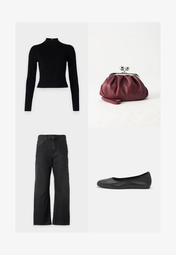 Pull-over noir à col roulé côtelé avec des manches longues et une silhouette ajustée, présentant une texture lisse et un zip au dos.; Jean en denim noir à jambes larges avec bouton et fermeture éclair à l'avant, passants de ceinture et poches latérales, présenté sur un fond clair uni.; Ballerines en cuir noir avec un bout rond, texture lisse, détails de couture minimalistes et design de semelle flexible.; Petit sac pochette en cuir bordeaux avec fermoir métallique argenté et bracelet sur fond blanc.