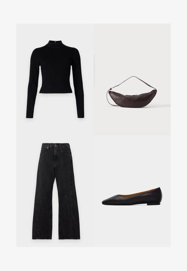 Pull-over noir à col roulé côtelé avec des manches longues et une silhouette ajustée, présentant une texture lisse et un zip au dos.; Jean noir taille haute à jambes larges, fermeture à boutons devant, passants de ceinture et poches, posé à plat sur fond blanc.; Chaussure plate en cuir noir à bout pointu avec talon bas et finition lisse, vue de côté sur un fond gris clair.; Sac d'épaule en cuir marron foncé en forme de croissant avec une lanière courbée et des coutures visibles sur fond uni.