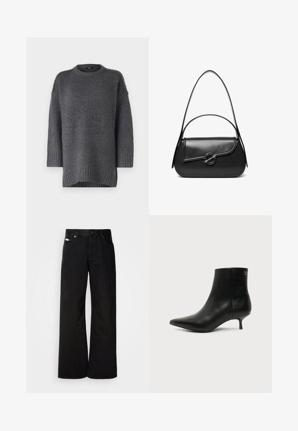 Pull en tricot gris avec un col rond, des poignets et un ourlet côtelés. Offre une coupe décontractée et une texture douce. Manches de longueur intermédiaire.; Jean large noir en coton. Présente des poches avant, une fermeture à bouton, et une texture denim classique. Design minimaliste sans motifs.; Bottine en cuir noir avec bout pointu et petit talon kitten sur fond clair, vue côté extérieur.; Sac à bandoulière en cuir noir avec un rabat incurvé fermé par un fermoir métallique rond et une sangle fine et ajustable.