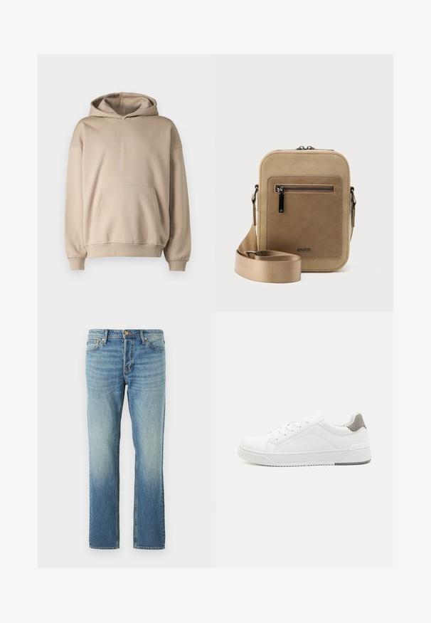 Sweatshirt à capuche beige, en tissu doux, coupe ample, poche kangourou, poignets et ourlet côtelés, design minimaliste, texture lisse.; Jean en denim bleu clair avec une coupe droite, présentant une finition délavée, des rivets en cuivre et un style classique à cinq poches.; Basket blanche en cuir lisse, à bout arrondi, design minimaliste, accent de talon gris et semelle en caoutchouc texturé.; Petit sac bandoulière beige avec poche avant zippée, logo métallique ALDO, sangle large ajustable et forme rectangulaire arrondie sur fond blanc.
