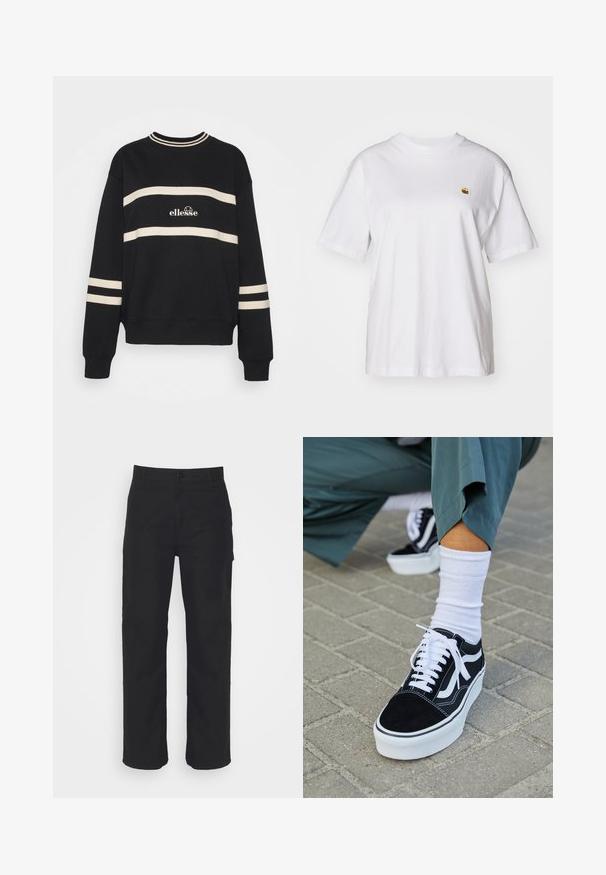 Zwarte sweatshirt met twee horizontale crèmekleurige strepen, geribbelde halslijn en logo in het midden. De mouwen hebben vergelijkbare streepdetails.; Witte katoenen t-shirt met een relaxte pasvorm, korte mouwen en een klein geborduurd logo op de linkerborst.; Zwarte katoenen broek met een rechte pasvorm, knoopsluiting en riemlussen. Heeft een klassiek ontwerp zonder zichtbare zakken.; Zwarte suède sneaker met witte accenten en veters, uitgerust met een dikke witte zool en contrasterende stiksels, gecombineerd met een witte sok.