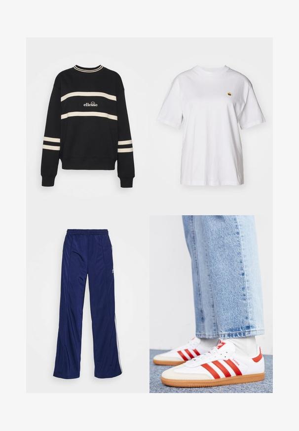 Zwarte sweatshirt met twee horizontale crèmekleurige strepen, geribbelde halslijn en logo in het midden. De mouwen hebben vergelijkbare streepdetails.; Witte katoenen t-shirt met een relaxte pasvorm, korte mouwen en een klein geborduurd logo op de linkerborst.; Marine blauwe sportbroeken met een elastische tailleband, rechte pijpen en zijritsen. Heeft witte piping langs de zijkanten. Soepele stofstructuur.; Witte leren sneakers met rode strepen en accenten. Voorzien van een getextureerde gumrubberen outsole en een gevoerde kraag. Draag ze met lichtblauwe denim.
