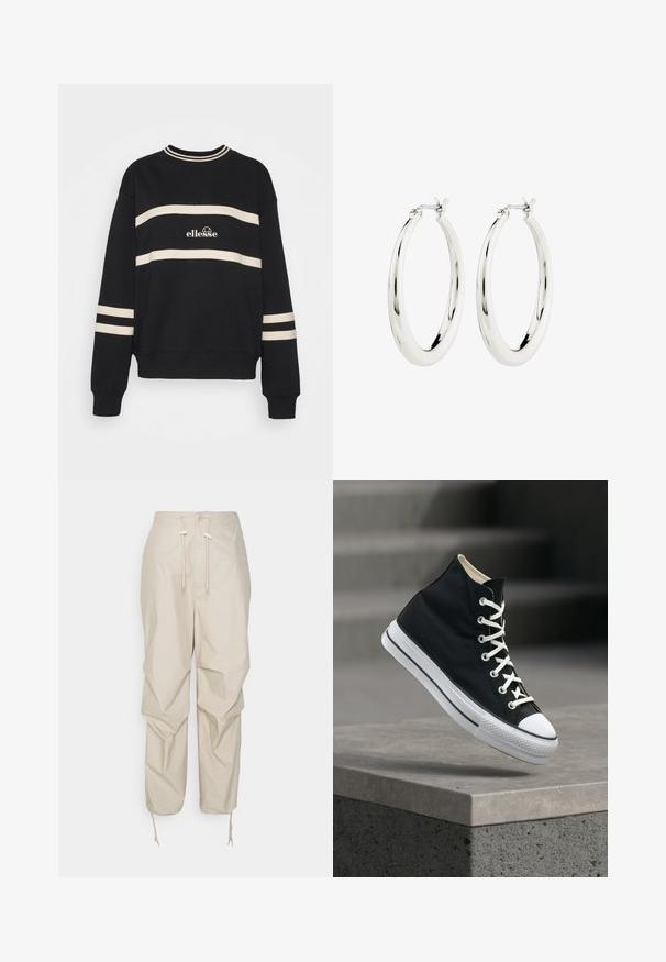 Sweatshirt noir avec deux rayures crème horizontales, col côtelé et logo au centre. Les poignets ont également des détails de rayures similaires.; Pantalons utilitaires beiges avec taille à cordon, fermeture à bouton et bas de jambes fuselés. Fabriqués en matériau léger avec une texture lisse.; Baskets montantes noires avec lacets blancs et semelle en caoutchouc, en équilibre sur le bord d'une plateforme en béton gris.; Boucles d'oreilles créoles en argent avec une finition lisse et brillante. Forme circulaire, dotée d'un fermoir sécurisé. Design simple et élégant.