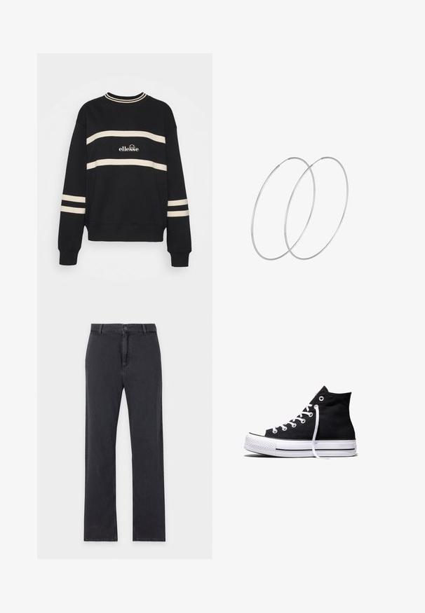 Zwarte sweatshirt met twee horizontale crèmekleurige strepen, geribbelde halslijn en logo in het midden. De mouwen hebben vergelijkbare streepdetails.; Zwarte jeans met rechte pijpen, knoop- en ritssluiting aan de voorkant, riemlussen en klassiek ontwerp met vijf zakken, plat gelegd op een witte achtergrond.; Zwarte hooggesloten canvas sneaker met witte rubberen zool en witte veters, zijwaarts weergegeven op een witte achtergrond.; Zilveren hoepel oorbellen met een minimalistisch ontwerp. Cirkelvormig, gladde textuur en dun profiel. Lichtgewicht met een gepolijste afwerking.