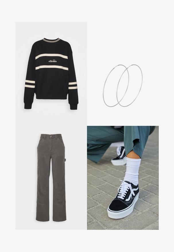 Musthave mustame, millel on kaks horisontaalset kreemivärvi triipu, ribiga kaelus ning keskosas logo. Varrukatel on sarnane triibudetail.; BDG Urban Outfitters PANEL CARPENTER - Kargopüksid - charcoal; Mustjad sametist tennisjalanõud valgete aktsentide ja nööridega, millel on paks valge tald ja kontrastsed õmblused, koos valge sokiga.; Hõbedased rõngastikkaehingad minimalistlikus disainis. Ümar kuju, sile tekstuur ja õhuke profiil. Kerged ning poleeritud viimistlusega.