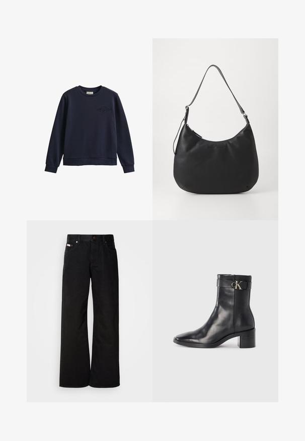Marineblaue Sweatshirt mit langen Ärmeln und Rundhalsausschnitt, gerippten Bündchen und Saum, mit einem gestickten Logo auf der linken Brust.; Schwarze weite Jeans aus Baumwolle. Verfügt über frontale Taschen, einen Knopfverschluss und eine klassische Denim-Textur. Minimalistisches Design ohne Muster.; Schwarze Leder-Ankle Boots mit spitzem Zehenbereich, Blockabsatz und einem Riemen mit einem metallischen Logodetail. Glatte Textur und minimales Design.; Schwarze Hobo-Tasche aus glattem, strapazierfähigem Material. Verfügt über einen einzelnen verstellbaren Tragegurt und ein dezentes, eingeprägtes Logo auf der Vorderseite.