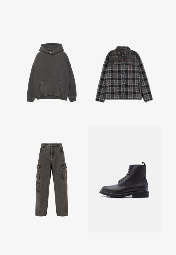 Mørkegrå hætte sweatshirt med frontlomme, ribbede ærmer og kant, samt lille sort broderet logo på brystet.; Plaid flannel skjortejakke med jordfarver i brun, sort og grå, med knaplukning fortil, to sidelommer og en blød tekstur.; Karl Kani OG BAGGY - Jeans Relaxed Fit - grey; Sort læder ankelstøvle med snørebånd, tyk sål og trække-flig bagpå, vist i sideprofil mod en hvid baggrund.