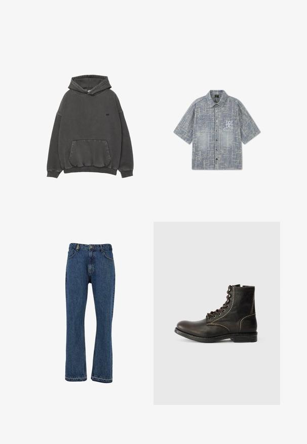 Mørkegrå hætte sweatshirt med frontlomme, ribbede ærmer og kant, samt lille sort broderet logo på brystet.; Kortærmet skjorte med knapper og et tekstureret blåt og gråt mønster, brystlommer foran og hvide broderede initialer på venstre side.; Blå denimjeans med lige ben, klassisk fem-lomme design og metalbeslag. Syet kant med en let falmet finish.; Brun læder ankelstøvle med rund tå, syv huller design, hvid syning og struktureret overflade. Robuste gummisål, klassisk stil.