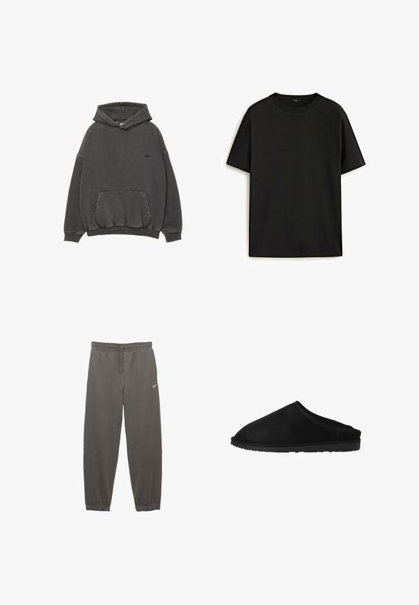 Dunkelgrauer Kapuzenpullover mit frontaler Kängurutasche, gerippten Bündchen und Saum sowie kleinem schwarzen besticktem Logo auf der Brust.; Schwarzes Baumwoll-T-Shirt mit klassischem Rundhalsausschnitt, kurzen Ärmeln und lockerer Passform. Glatte Textur, keine Muster oder Verzierungen.; Graue Jogginghosen mit einem elastischen Bund und Kordelzug, versehen mit elastischen Bündchen an den Knöcheln und einem kleinen Logo an der Seite.; Jack & Jones House slippers House slippers - Hausschuh - anthracite