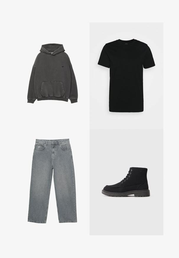 Sweatshirt à capuche gris foncé avec poche kangourou à l'avant, poignets et ourlet côtelés, et petit logo noir brodé sur la poitrine.; T-shirt noir à manches courtes en coton lisse, avec un col ras du cou et un design simple sans motifs ni accents.; Pantalon en denim gris clair avec coupe droite, cinq poches et braguette à boutons. Présente un logo discret sur la ceinture avant.; Bottines noires en daim et matériau synthétique. Bout arrondi, six œillets avec lacets métalliques, semelle en caoutchouc épaisse et détails de texte minimalistes.
