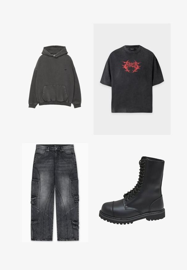 Mørkegrå hætte sweatshirt med frontlomme, ribbede ærmer og kant, samt lille sort broderet logo på brystet.; Sort oversized T-shirt med korte ærmer og rødt pigget tekstdesign centreret på brystet, der lyder "FAVELA".; Cargo-jeans i falmet mørkegrå denim med sidelommer, unikke syningsmønstre, tilspidsede ben og accenter i metal.; Sort læder kampstøvle med høj skaft, snørebånd foran, polstret krave og en robust tekstureret sål for godt greb. Har forstærket tåhætte.