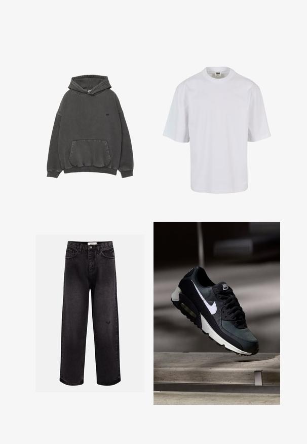 Mørkegrå hætte sweatshirt med frontlomme, ribbede ærmer og kant, samt lille sort broderet logo på brystet.; Hvid, kortærmet t-shirt lavet af bomuld. Har rund halsudskæring og løs pasform med en glat tekstur og ingen synlige mønstre eller grafik.; Sorte denim jeans med bred benpasform, der har fem lommer, en syet talje og en diskret logodetalje nær knæet.; Sort og grå Nike Air Max sneaker med hvid swoosh, ophængt over en betongulv mod en sløret mørk baggrund.
