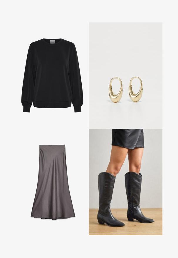 Sort sweatshirt med lange ærmer, rund hals og ribbede manchetter. Har en glat tekstur og et diskret logo-detalje på fronten.; Grå satin midiskørt med en glat tekstur og flydende design. Har en lige skæring, der falder til under knæet, uden pynt.; Sorte knæhøje støvler lavet af glat læder, med spidse tæer, lav blokhæle og lynlås i siden for nem påtagning.; Guldøreringe med en buet, tubular form. Glat, blank overflade med en sømløs hængselåbning. Simpelt og elegant design.
