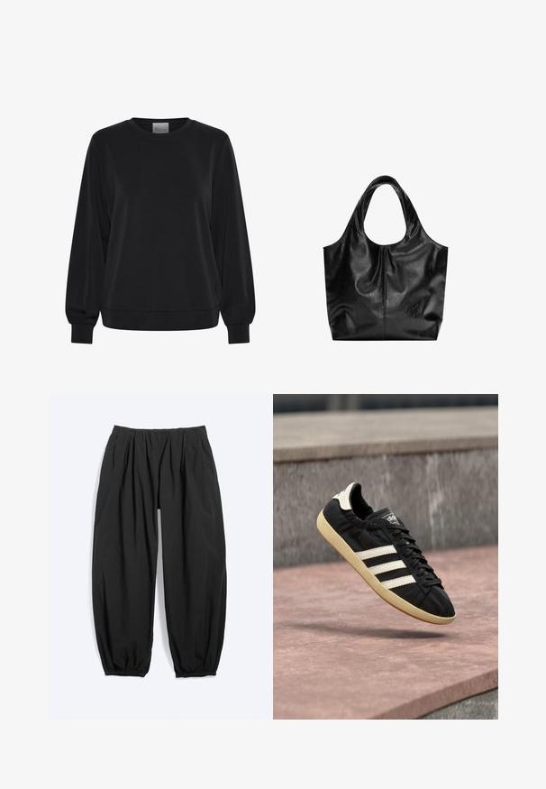 Sweatshirt noir à manches longues, col rond et poignets côtelés. Présente une texture lisse et un détail de logo subtil à l'avant.; Pantalon noir ample et fuselé avec taille élastique et poignets aux chevilles, fabriqué en tissu léger.; Baskets Adidas noires avec des bandes blanches et une semelle beige, capturées en plein air au-dessus d'une surface en pierre et d'un mur en pierre en arrière-plan.; Sac fourre-tout en cuir noir avec une texture lisse, un haut arrondi doux et de larges poignées. Présente une couture minimale et une silhouette décontractée.