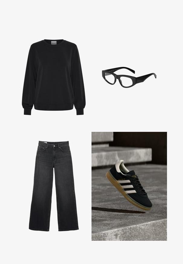 Sort sweatshirt med lange ærmer, rund hals og ribbede manchetter. Har en glat tekstur og et diskret logo-detalje på fronten.; Sorte viddebukser i jeans med høj talje, lukning med forreste knap og lynlås, bæltestropper og femlommesdesign.; Sort ruskindssneaker med hvide striber og gyldent logo, med en tekstureret gummisål i karamel og en kontrasterende cremefarvet hæltab.; Sorte rektangulære briller med en blank finish, der har kantede kanter og tilspidsede arme. Fremstillet af 75 % genbrugsmaterialer.