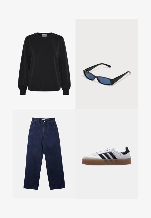Sort sweatshirt med lange ærmer, rund hals og ribbede manchetter. Har en glat tekstur og et diskret logo-detalje på fronten.; Mørkeblå denimbukser med lige ben, der har en frontknaplukning, bæltestropper og to forlommer.; Hvide lædersneakers med sorte striber, gummirubber sål, rund tå, snørelukning og blød grå ruskinds tåhætte.; Sorte solbriller med en slank rektangulær ramme og blå linser. Har en glat overflade og robuste stænger. Mærkets logo på siden.