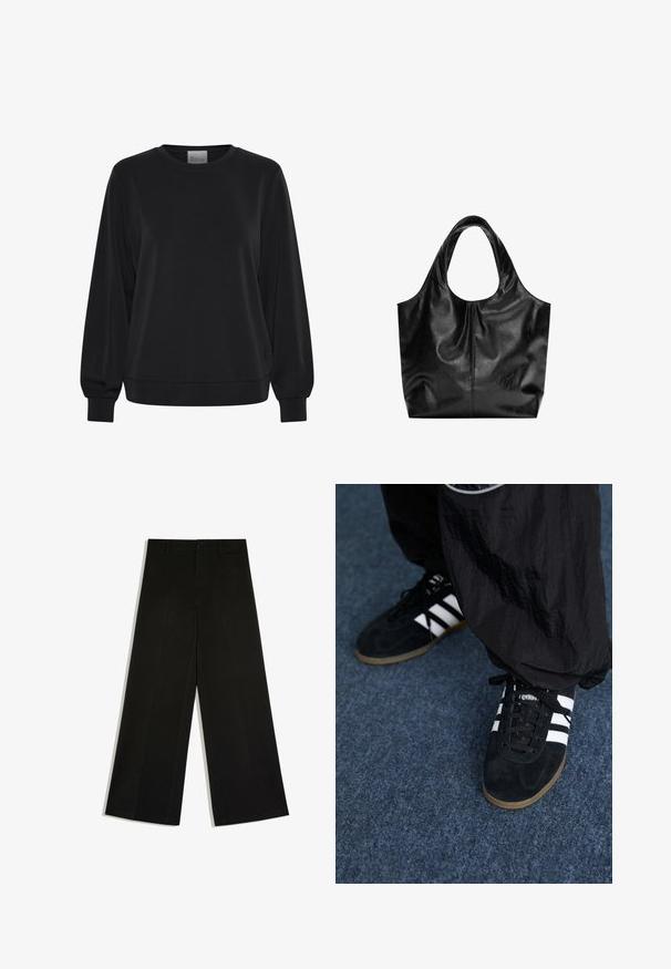 Sort sweatshirt med lange ærmer, rund hals og ribbede manchetter. Har en glat tekstur og et diskret logo-detalje på fronten.; Sorte bukser med vidde ben, bæltestropper, knaplukning foran og lynlås, lagt fladt på hvid baggrund.; Sorte suedetrainingssko med tre hvide striber og sorte snørebånd. Et tekstureret sort bukser er delvist synligt ved siden af skoene.; Sort læder tote taske med en glat overflade, en blød, afrundet top og brede håndtag. Har minimal syning og en afslappet silhuet.