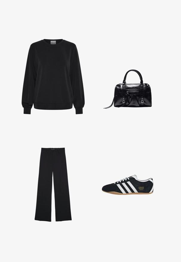 Sweatshirt noir à manches longues, col rond et poignets côtelés. Présente une texture lisse et un détail de logo subtil à l'avant.; Pantalon noir à jambes larges avec passants de ceinture, bouton frontal et fermeture éclair, étalé à plat sur un fond blanc.; Sneakers en suede noir avec trois bandes blanches, logo doré et semelle en caoutchouc marron. Présente un design à lacets à profil bas.; Sac à main en cuir noir brillant avec deux poignées, poche zippée à l'avant, détails avec boucle et bandoulière pour poignet sur fond blanc.