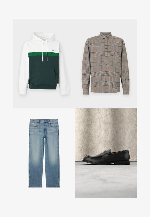 Sweat à capuche blanc, vert et vert foncé avec blocs de couleurs, poche avant, capuche à cordon et petit logo crocodile sur la poitrine.; Chemise à manches longues avec col classique, présentant un motif à carreaux beige et noir avec des lignes subtiles rouges et bleues.; Jean droit en denim bleu clair avec détails délavés, bouton et fermeture éclair devant, et design à cinq poches incluant une petite étiquette Calvin Klein sur la poche.; Mocassin en cuir noir avec une plaque de marque en métal reposant près d'une table ronde marron sur un sol recouvert de moquette beige.
