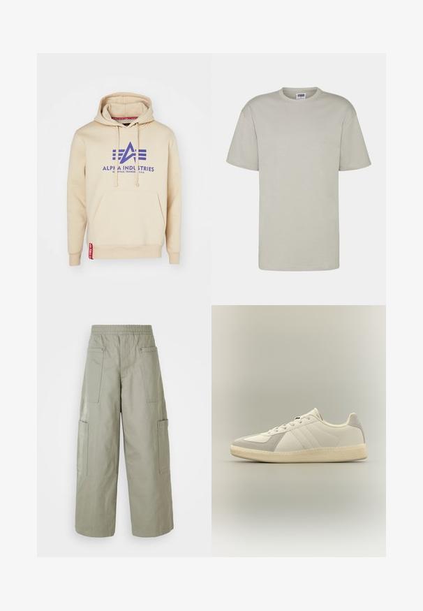 Sudadera beige con un gran logo púrpura de "Alpha Industries" y acentos de diseño. Incluye un bolsillo frontal y una etiqueta roja en el dobladillo.; Camiseta de algodón gris claro con mangas cortas, escote redondo y corte holgado. Sin patrones ni diseños visibles. Costuras planas y largo estándar.; Pantalones cargo holgados de color verde oliva con una cinturilla elástica, múltiples bolsillos y una textura suave. Ancho colapsable en el dobladillo.; Zapatilla blanca de corte bajo con detalles en ante beige, cierre de cordones y suela de goma texturizada en color blanco roto, mostrada de perfil sobre un fondo neutro.