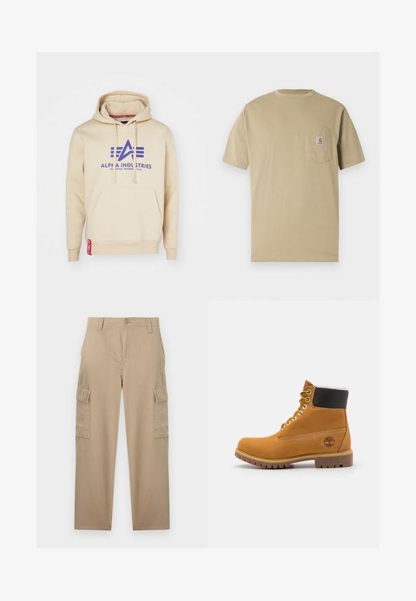 Beige hoodie met een groot paarse "Alpha Industries" logo en ontwerpelementen. Inclusief een voorkantzak en een rode label aan de zoom.; Beige T-shirt met korte mouwen van katoen, voorzien van een borstzakje aan de linkerkant met een logo patch. Klassieke ronde hals en een normale pasvorm.; Beige cargobroek met rechte pijpen, knoopsluiting, riemlussen, voorzakken en klepzakken op beide dijen.; Bruine leren enkellaars met metalen oogjes, witte faux bont voering, zwarte gewatteerde kraag, robuuste zool en een reliëflogo aan de zijkant.
