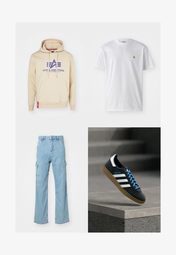 Beige hoodie met een groot paarse "Alpha Industries" logo en ontwerpelementen. Inclusief een voorkantzak en een rode label aan de zoom.; Witte katoenen t-shirt met korte mouwen en ronde hals, voorzien van een klein gouden logo op de linkerkant van de borst. Zachte textuur en een normale pasvorm.; Lichtblauwe denim cargo broek met wijdlopende pijpen, voorzien van twee zijcargozakken en een klassieke knoopsluiting. Geweven stof met vervaagde afwerking.; Zwarte Adidas-sneaker met witte strepen, blauwe veters en een gumzool die boven een grijze betonnen trede zweeft in zacht licht.