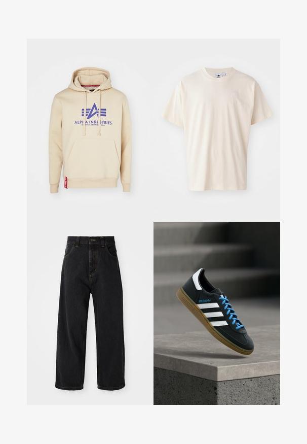 Μπεζ φούτερ με μεγάλο λογότυπο "Alpha Industries" σε μωβ και διακοσμητικές λεπτομέρειες. Περιλαμβάνει μπροστινή τσέπη και κόκκινη ετικέτα στο στρίφωμα.; Κρέμα βαμβακερό μπλουζάκι με στρογγυλή λαιμόκοψη και κοντά μανίκια; διαθέτει ένα μικρό, ανοιχτόχρωμο λογότυπο στο στήθος.; Μαύρες τζιν παντελόνες με φαρδιά πόδια, ψηλή μέση, μπροστινό κουμπί, φερμουάρ και κίτρινες ραφές στις τσέπες και τις ραφές.; Μαύρο αθλητικό παπούτσι Adidas με λευκές ρίγες, μπλε κορδόνια και καουτσούκ σόλα να αιωρείται πάνω από γκρίζο τσιμεντένιο σκαλοπάτι σε απαλό φως.