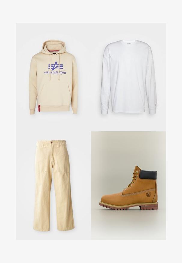 Sudadera beige con un gran logo púrpura de "Alpha Industries" y acentos de diseño. Incluye un bolsillo frontal y una etiqueta roja en el dobladillo.; Camiseta blanca de manga larga hecha de algodón. Diseño de cuello redondo con puños acanalados y un pequeño logo en la manga izquierda. Textura suave.; Pantalones de pierna ancha beige de algodón. Cuentan con una cintura alta, dos bolsillos frontales de diseño plano y un cierre de un botón.; Bota de tobillo de cuero marrón con cuello negro, cordones amarillos y suela beige. Presenta un logotipo y detalles de costura blanca. Suela exterior con tracción robusta.