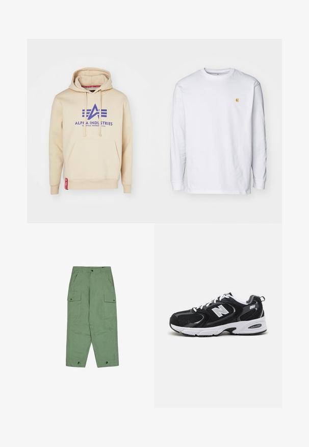Beež kapuutsiga jakk, millel on suur lilla "Alpha Industries" logo ja disainiaktsendid. Sisaldab eesmist taskut ja punast siltu hemis.; Valge pika varrukaga T-särk, mis on valmistatud puuvillast. Rinnal on väike kuldne logo ja ümar kaelus. Lihtne disain ja standardne lõige.; Rohelised cargo-püksid, mis on lõdva lõikega, kahe suurte külgtaskuga ja reguleeritavate pahkluu elastsete äärtega. Valmistatud tekstuurilisest puuvillaste kangast.; Must värvi ja hallid spordijalatsid, mille ülemine osa on valmistatud võrgust ja nahast, valge vaheosaga, paeltega ja küljel julge "N" logo.