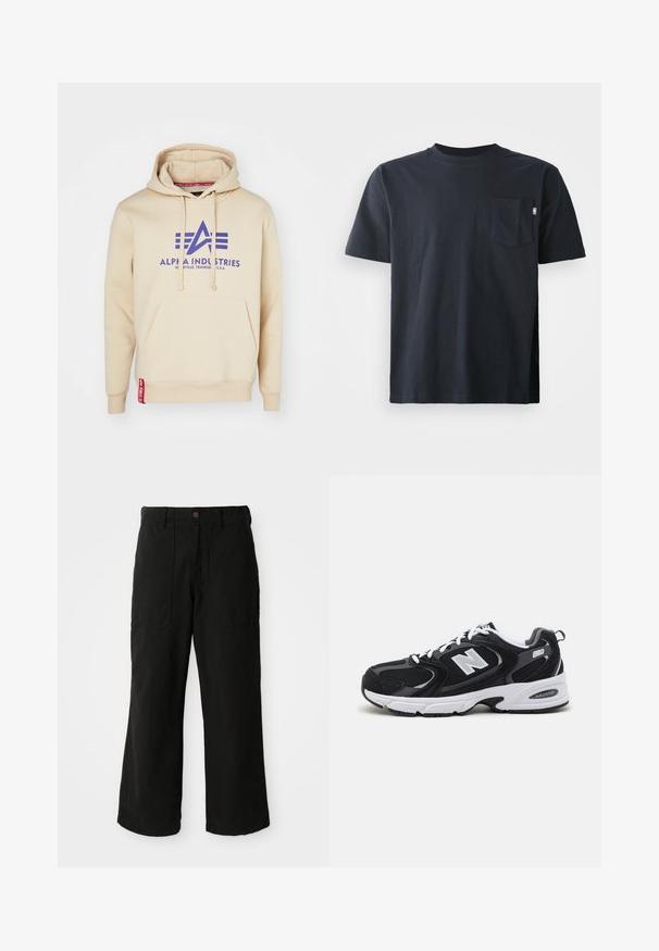 Μπεζ φούτερ με μεγάλο λογότυπο "Alpha Industries" σε μωβ και διακοσμητικές λεπτομέρειες. Περιλαμβάνει μπροστινή τσέπη και κόκκινη ετικέτα στο στρίφωμα.; Σκούρο μπλε βαμβακερό T-shirt με στρογγυλή λαιμόκοψη και κοντά μανίκια. Περιλαμβάνει μία ενιαία τσέπη στο στήθος και ίσια σχεδίαση στο τελείωμα.; Μαύρο παντελόνι σε ευρεία γραμμή από μαλακό ύφασμα, με μπροστινές τσέπες και κούμπωμα με κουμπί στη μέση. Μινιμαλιστικός σχεδιασμός χωρίς ορατά μοτίβα.; Μαύρα και γκρι αθλητικά παπούτσια με ανώτερο μέρος από δίχτυ και σουέτ, διαθέτοντας λευκή ενδιάμεση σόλα, κορδόνια και έντονο λογότυπο "N" στο πλάι.