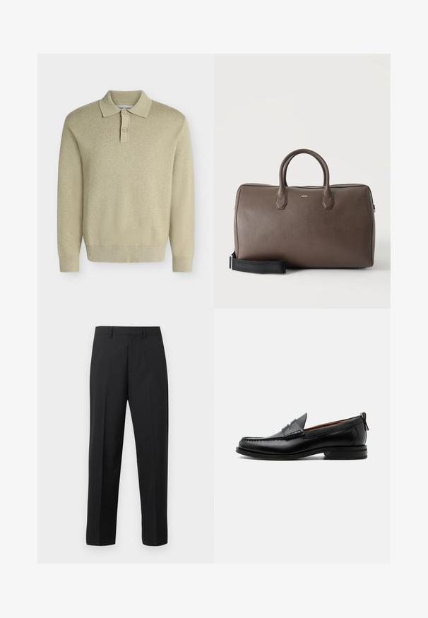 Polo beige à manches longues avec col et deux boutons, poignets et ourlet côtelés, présenté sur un fond clair uni.; Pantalon droit noir avec passants de ceinture, pli avant et braguette zippée sur fond blanc.; Mocassin homme en cuir noir avec couture moc toe, bride penny, col texturé et petit talon empilé sur fond blanc.; Sac de sport en cuir marron avec deux poignées, une bandoulière noire réglable et un petit logo "BOSS" au centre à l'avant.
