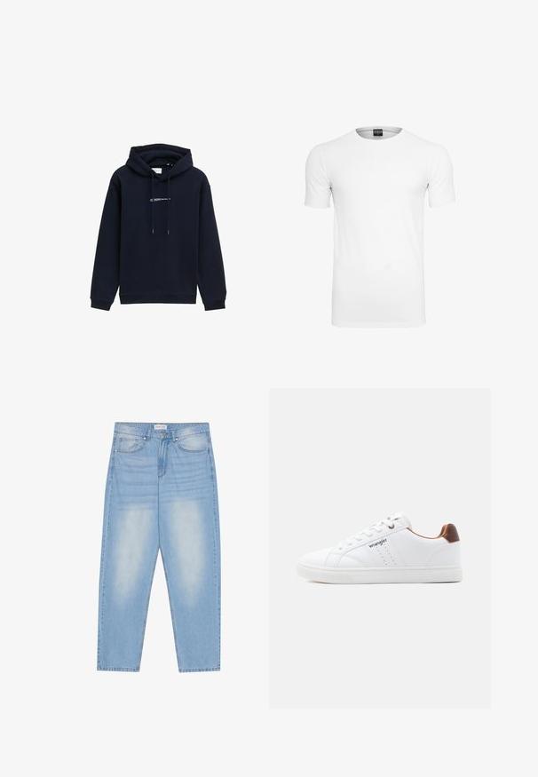 Sudadera azul marino hecha de tela suave, con capucha ajustable, puños acanalados y un logo impreso en el pecho.; Camiseta blanca de manga corta y cuello redondo sobre un fondo blanco, mostrando la vista frontal con la etiqueta de la marca visible dentro del cuello.; Vaqueros de mezclilla azul claro con un corte relajado, que cuentan con cinco bolsillos, un ligero desgaste y costuras a lo largo de las costuras.; Zapatilla blanca de caña baja con cordones blancos, detalles perforados, logo "Wrangler" en el lateral y acento marrón en el talón sobre un fondo liso.