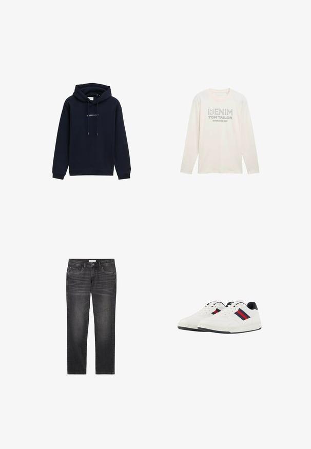 Donkerblauwe hoodie van zachte stof, met een capuchon met trekkoord, ribgebreide manchetten en een bedrukte logo op de borst.; Licht crème longsleeve shirt met ronde hals, voorzien van een bedrukt logo in het grijs met de tekst "DENIM TOM TAILOR ESTABLISHED 2007."; Donkergrijze denim jeans met een rechte pijpdesign, voorzakken en knoopsluiting. Bevat subtiele vervaging en stikselaccenten.; TOM TAILOR Sneakers laag - white navy