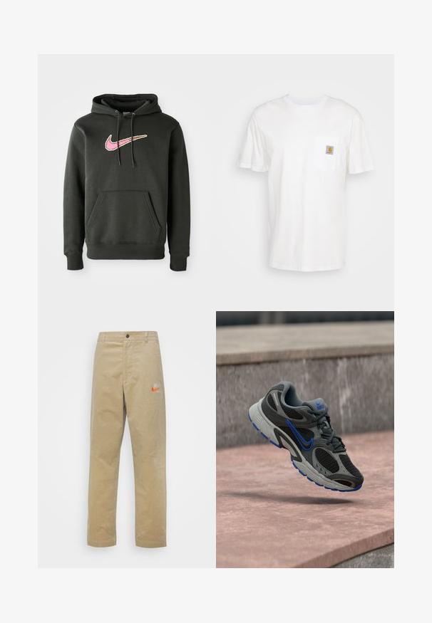 Mørkegrå hættetrøje lavet af blanding af bomuld, med et stort pink og brunt Nike-logo på brystet, samt en frontlomme og snoretræk til hætten.; Hvid bomulds T-shirt med korte ærmer, en brystlomme, og et lille firkantet logo patch i orange og hvid på lommen.; Nike Sportswear TREND PANT - Bukser - khaki/team orange/khaki; Grå og sort Nike løbesko med blå accenter svævende over stentrapper udendørs.
