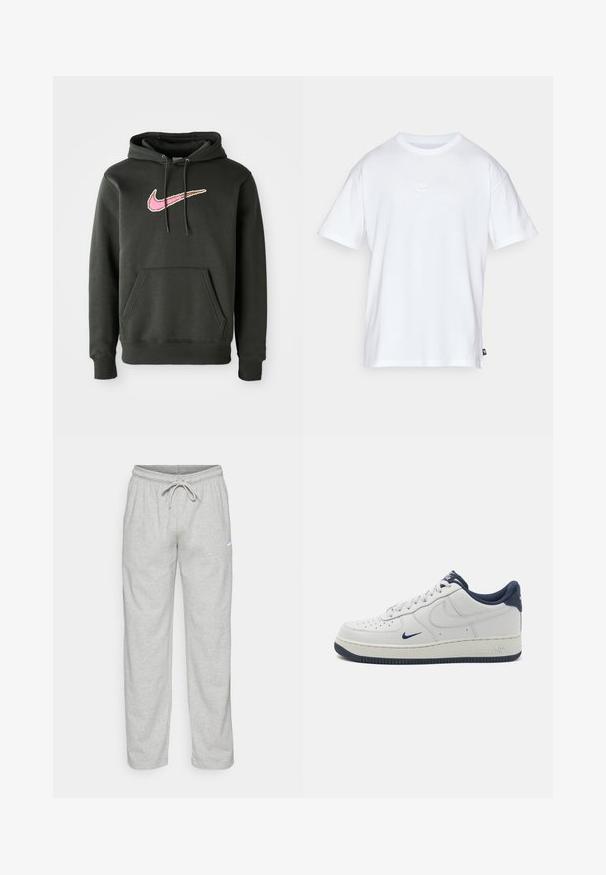 Sudadera con capucha de color gris oscuro, hecha de una mezcla de algodón, que presenta un gran logotipo de Nike en rosa y marrón en el pecho, con un bolsillo frontal y capucha con cordón.; Camiseta de algodón blanca con mangas cortas y cuello redondo. Presenta un pequeño y sutil logo de Nike en el pecho y una etiqueta lateral.; Pantalones de chándal gris claro hechos de una tela suave. Cuentan con una cintura elástica con cordón y el logo de Nike en negro en el muslo izquierdo.; Zapatillas Nike Air Force 1 de cuero blanco con acentos en azul marino, puntera perforada, cordones planos y suela de goma texturizada.