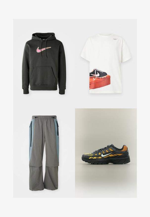 Mørkegrå hættetrøje lavet af blanding af bomuld, med et stort pink og brunt Nike-logo på brystet, samt en frontlomme og snoretræk til hætten.; Hvid T-shirt med korte ærmer med et trykt sort Nike-fodboldstøvlemotiv på en slidt rød skoeske tæt på sømmen og et lille logo nær halsudskæringen.; Grå udendørsbukser med bred ben-design, featuring mørkeblå sidelapper og lynlåslommer. Lavet af letvægts, åndbart materiale.; Sort og gul Nike P-6000 sneaker med hvid Swoosh, sort sål og mesh-overdel, vist i sideprofil mod en ensfarvet baggrund.