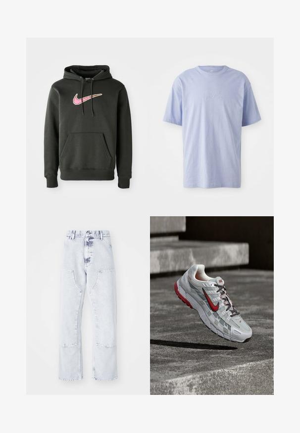 Mørkegrå hættetrøje lavet af blanding af bomuld, med et stort pink og brunt Nike-logo på brystet, samt en frontlomme og snoretræk til hætten.; Lysblå bomulds T-shirt med rund halsudskæring og korte ærmer. Har et præget "nike" logo i midten foran. Blød tekstur.; Lys blå denim straight-leg jeans med patchlommer, høj talje og en falmet overflade. Har tonede syninger og en afslappet pasform.; Hvid og grå Nike løbesko med røde accenter og sorte snørebånd, ophængt over grå beton-trin.