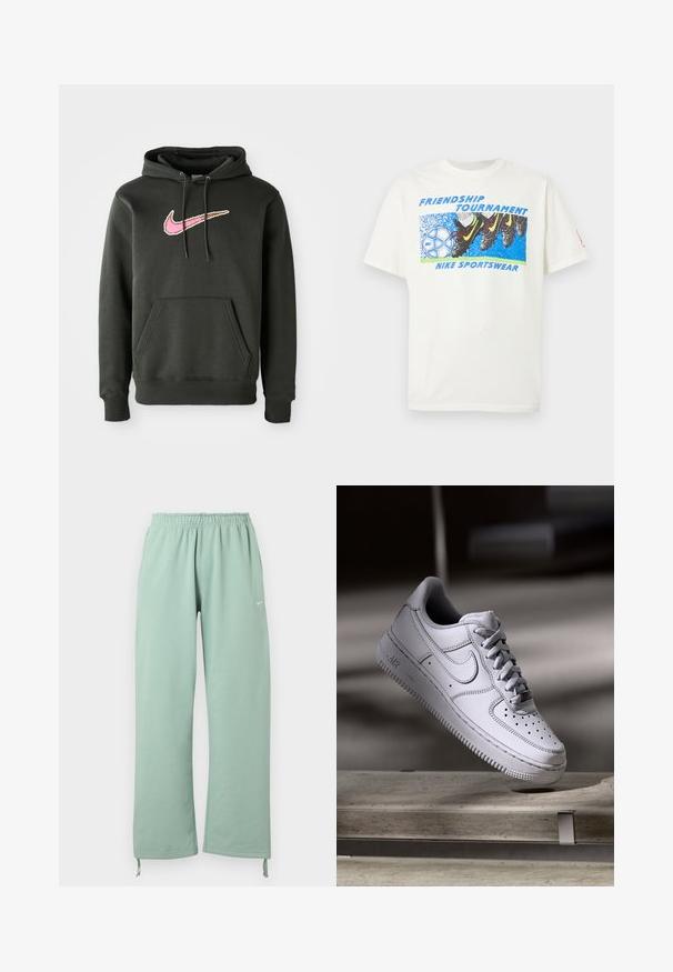 Tumehallist puuvillasegust kapuutsiga dressipluus, mille rinnal on suur roosa ja pruun Nike logo, ees tasku ja stringide reguleeritav kapuuts.; Valge T-särk, millel on jalgpallijalatsite graafika, mis löövad sinise ja valge Nike jalgpalli, tekstiga "Sõprusturniir" ja "Nike Sportswear."; Hele roheline laia lõikega dressipüksid elastse vöökohaga, vasakul reiel Nike logo ja reguleeritavad nöörid säärte ääres.; Valge nahast Nike Air Force 1 tennisejalanõu, millel on perforatsiooniga varvas, lamedad paelad ja tekstureeritud kummist tallaga, millel on küljele märgitud "AIR".