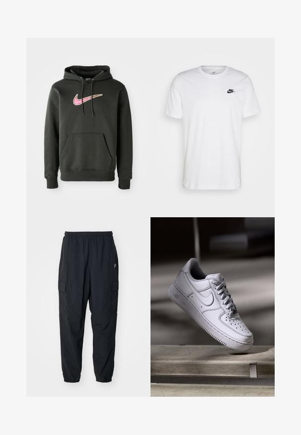 Sudadera con capucha de color gris oscuro, hecha de una mezcla de algodón, que presenta un gran logotipo de Nike en rosa y marrón en el pecho, con un bolsillo frontal y capucha con cordón.; Camiseta de algodón blanca con cuello redondo, mangas cortas y un logo negro de Nike en el lado izquierdo del pecho. Diseño simple en un color sólido.; Pantalones cargo negros hechos de un material ligero, con una cintura elástica, bolsillos laterales y un ajuste relajado con puños elásticos.; Zapatilla Nike Air Force 1 de cuero blanco que presenta una puntera perforada, cordones planos y una suela de goma texturizada con la marca "AIR" en el lateral.