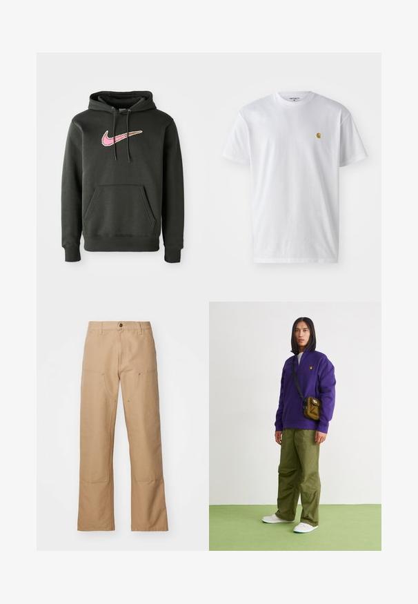 Sudadera con capucha de color gris oscuro, hecha de una mezcla de algodón, que presenta un gran logotipo de Nike en rosa y marrón en el pecho, con un bolsillo frontal y capucha con cordón.; Camiseta de algodón blanca con mangas cortas, cuello redondo, que presenta un pequeño logo dorado en la parte izquierda del pecho. Textura suave y corte regular.; Pantalones de pierna ancha beige hechos de lona, con bolsillos frontales, detalles en dorado y un diseño de frente plano.; Jordan AIR JORDAN 1 ZM CMFT 2 - Zapatillas altas - summit white/bicoastal/oxidized green