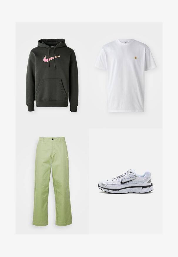 Dunkelgrauer Hoodie aus Baumwollmischung, mit einem großen pinken und braunen Nike-Logo auf der Brust, einer Fronttasche und einer Kordelzugkapuze.; Weißes Baumwoll-T-Shirt mit kurzen Ärmeln, Rundhalsausschnitt, mit einem kleinen goldenen Logo im linken Brustbereich. Weicher Stoff und normale Passform.; Helle grüne weit geschnittene Hosen aus einem glatten Stoff mit einem Knopfverschluss, auf der Vorderseite mit einem kleinen Nike-Logo.; Weißer Laufschuh mit Obermaterial aus Mesh, abgerundetem Zeh, schwarzen Akzenten und gemusterter Sohle. Verfügt über Schnürung und Branding an der Seite.